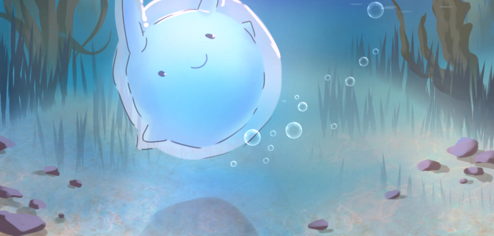 Banner art of a simple-shape character in water.